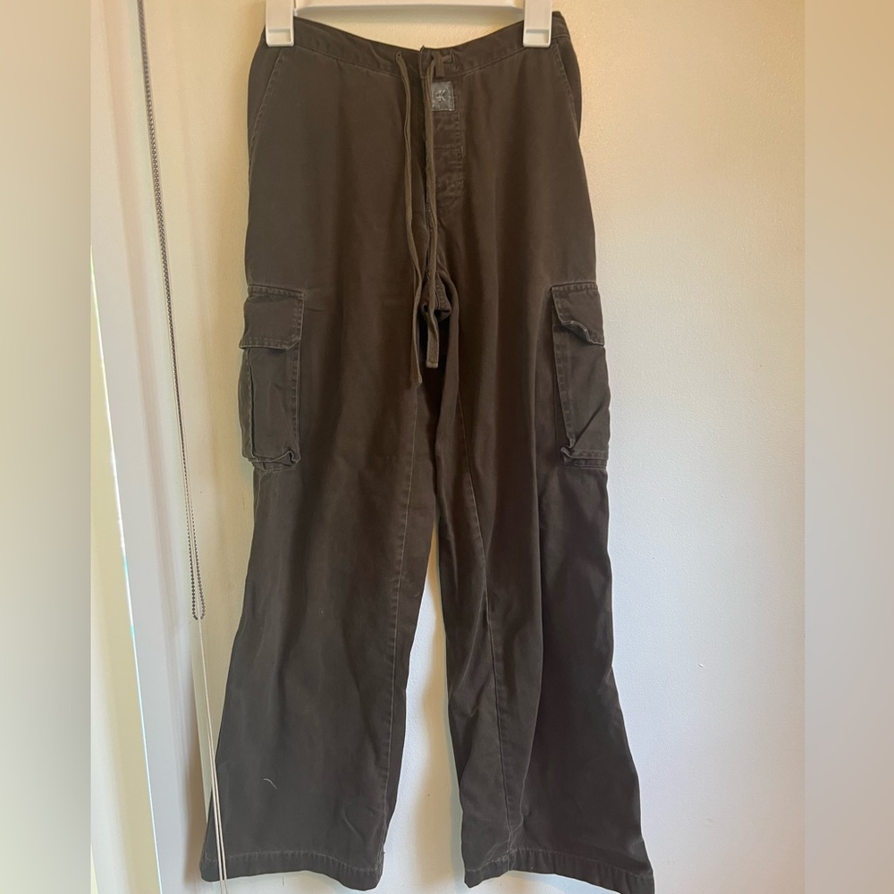 Calvin Klein, XS, Green Cargo Pants, tie on waist and buttons, velcro at top